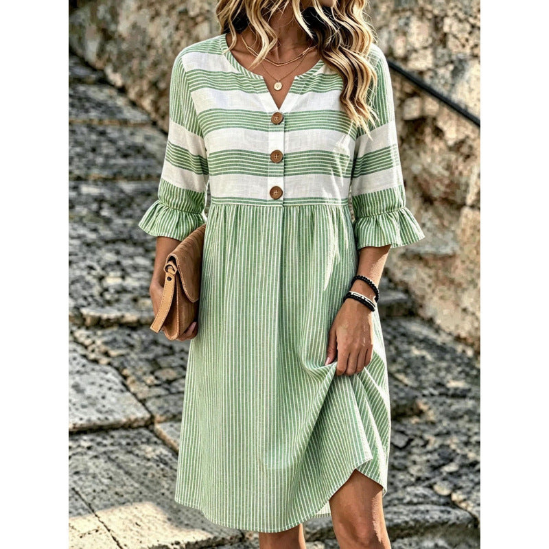 Stripe Mixed Print Linen‑Blend Midi Dress