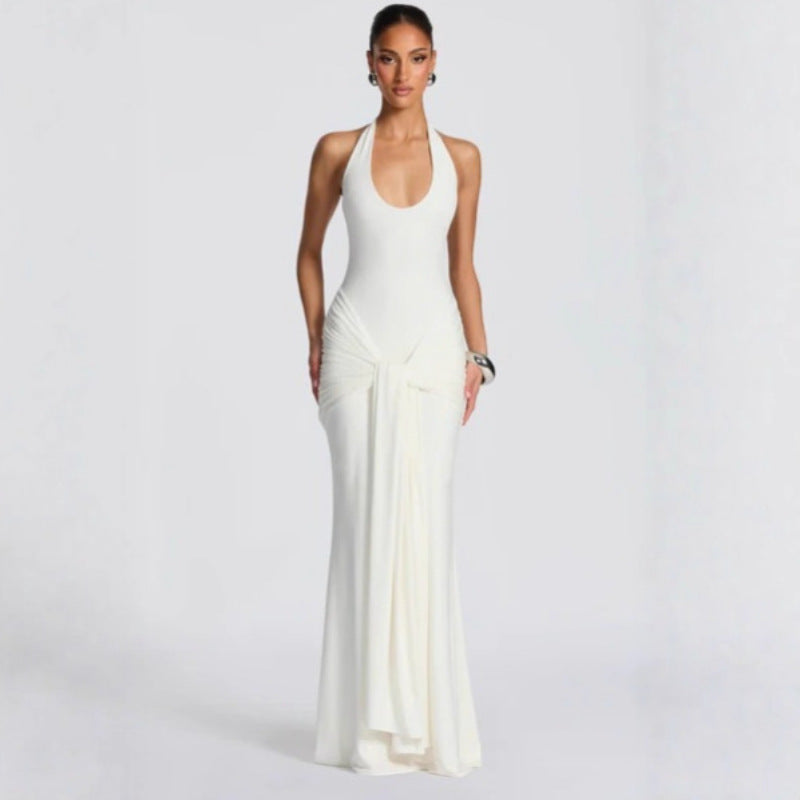 Halter Ruched Draped Mermaid Maxi Evening Dress