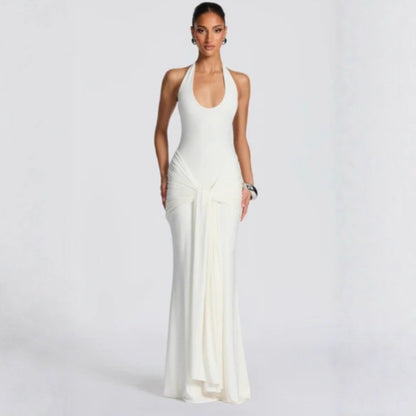 Halter Ruched Draped Mermaid Maxi Evening Dress