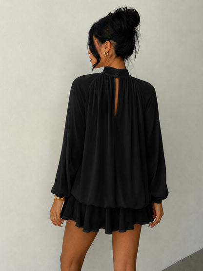Mock Neck Long Sleeve Skort Dress Women Solid Ruffle Layer Hem Loose Casual Mini Dress