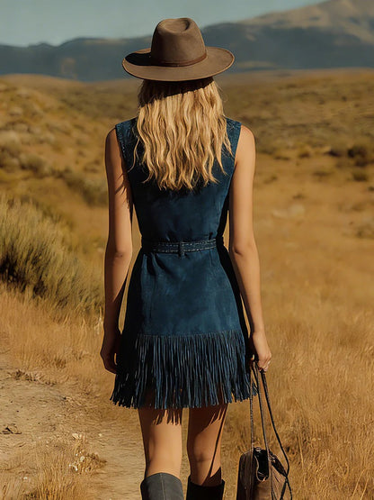 Teal Western‑Style Sleeveless Fringe Mini Dress