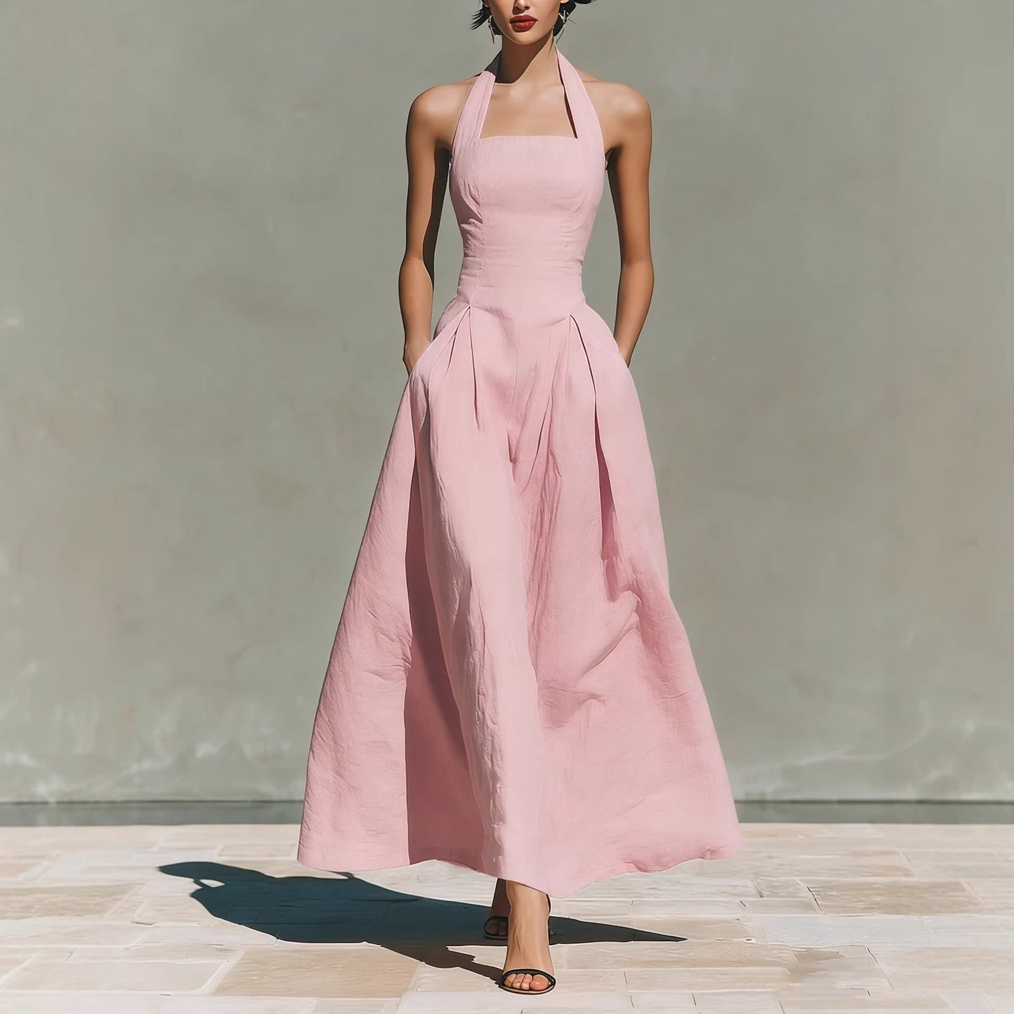 Halter Square Neck Pleated A-Line Midi Dress