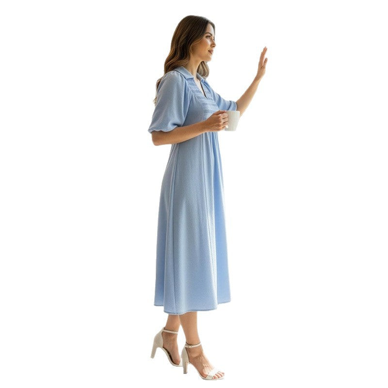 Smocked V‑Neck Puff‑Sleeve Midi Dress