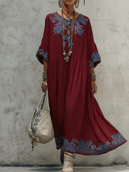 Floral Embroidery Gathered Waist Three Quarter Sleeve Kaftan Maxi Dress