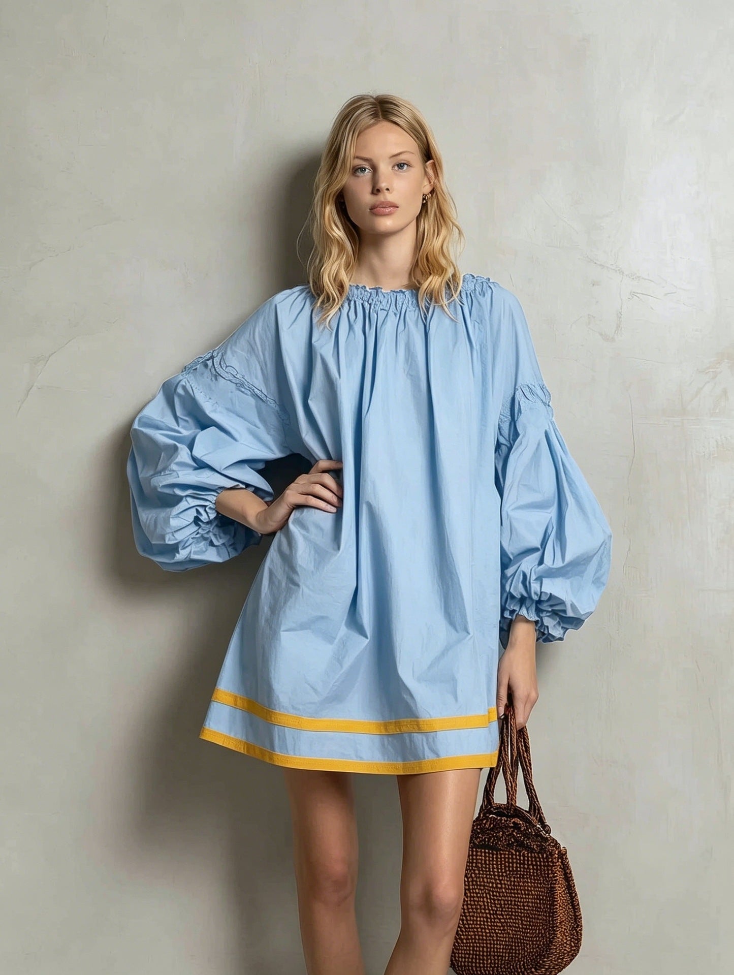 Ruffled Neck Balloon Sleeve Contrast Trim Poplin Mini Dress