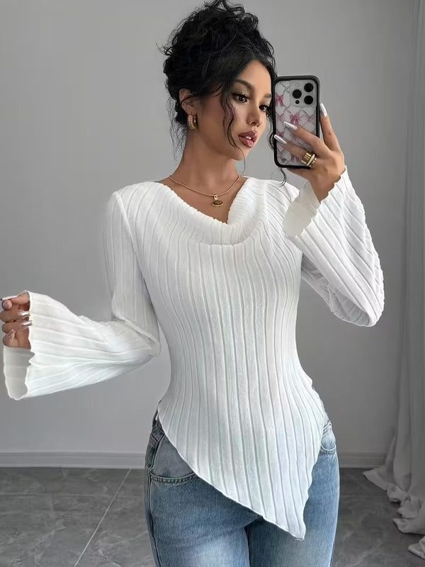 Women's White Ribbed V Neck Flare Long Sleeve Asymmetric Hem Slim Knit Top