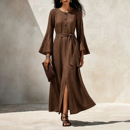 Linen‑Blend Flare‑Sleeve Maxi Dress