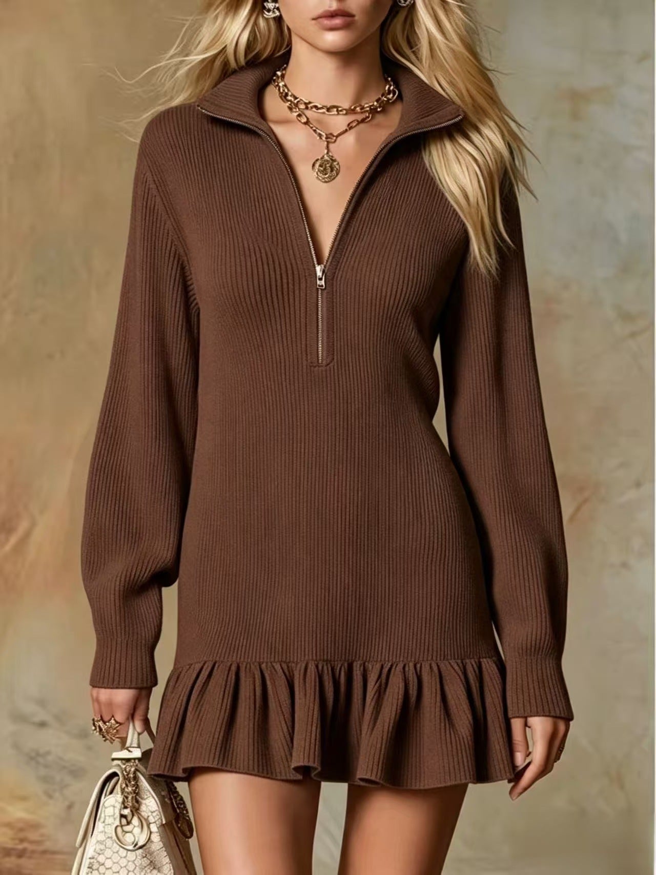 Half‑Zip Collared Ribbed Knit Ruffle Hem Sweater Dress