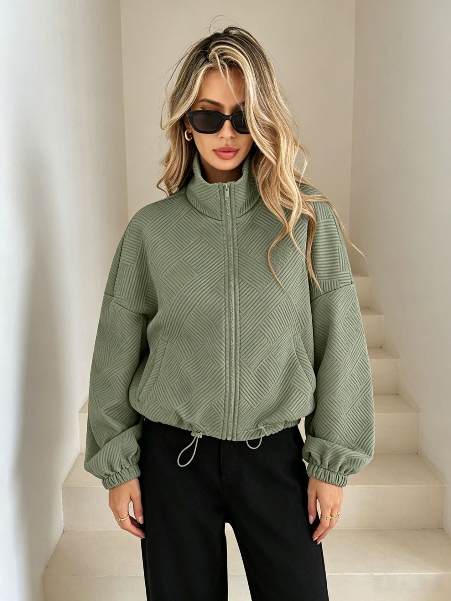 Women’s Solid Beige Geometric Textured Zip‑Up Drawstring Cropped Jacket - Green / S