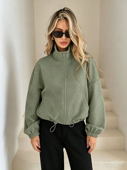 Women’s Solid Beige Geometric Textured Zip‑Up Drawstring Cropped Jacket - Green / S