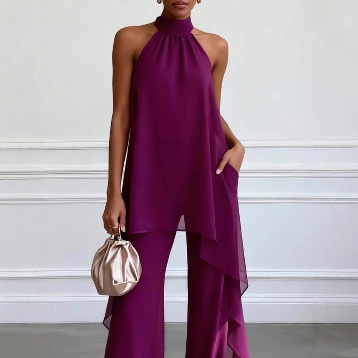 Elegant Deep Purple Chiffon Halter Neck Two-Piece Wide-Leg Pants Set