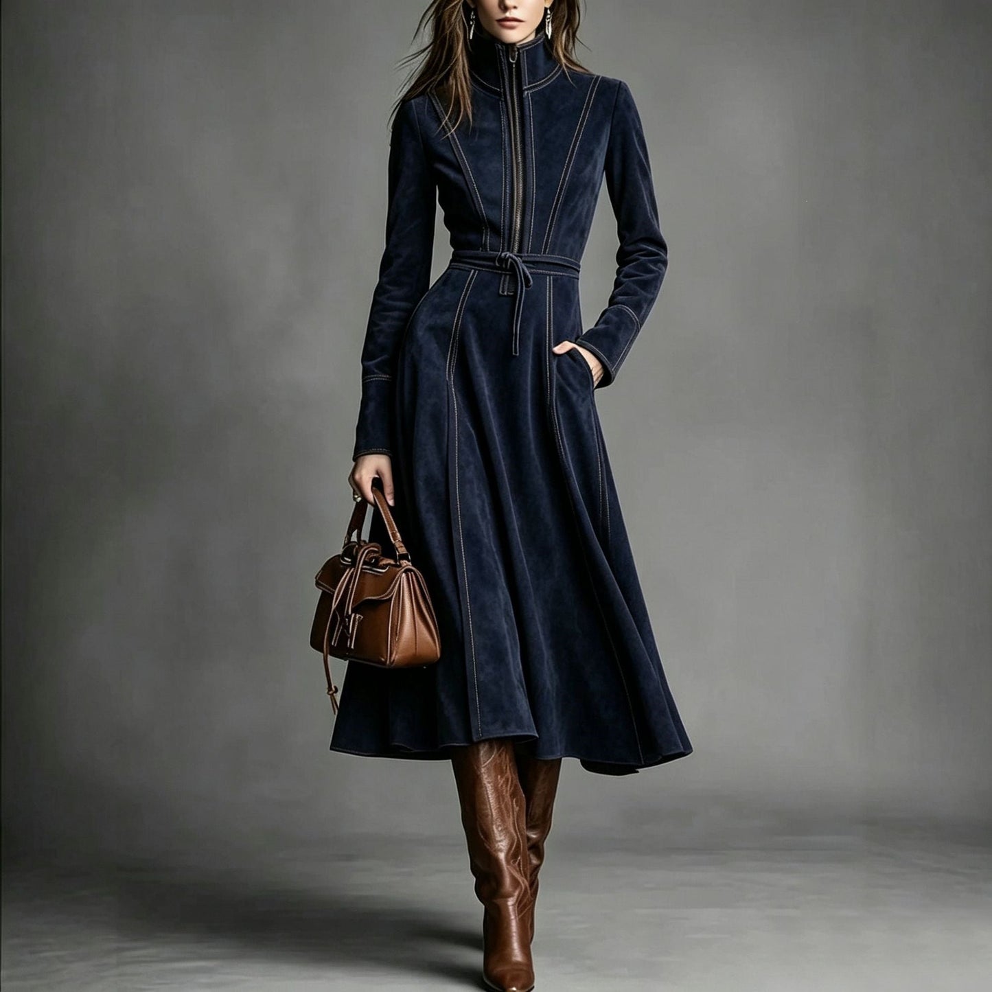 Women's Solid Brown Suede Zip‑Front Belted Long‑Sleeve Midi Dress