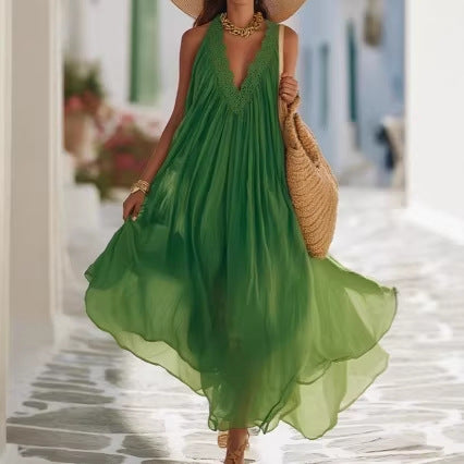 Vibrant Green Crochet Lace Halter Sheer Chiffon Flow Maxi Kaftan Dress