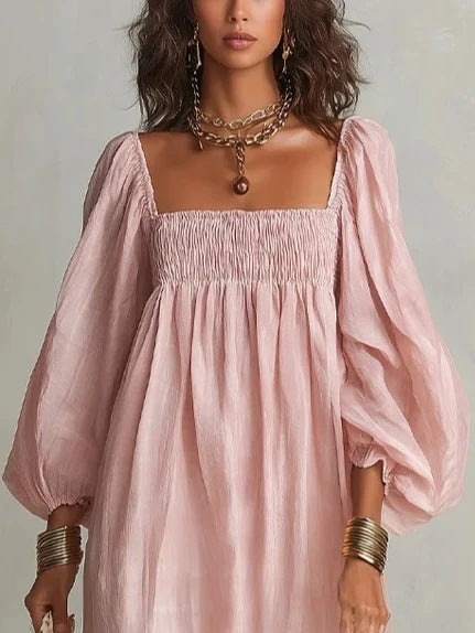 Square Neck Smocked Puff Sleeve Bohemian Maxi Dress