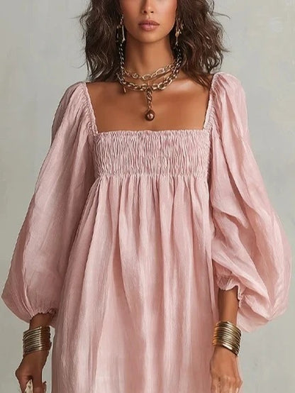 Square Neck Smocked Puff Sleeve Bohemian Maxi Dress