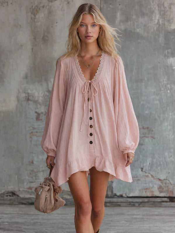 V‑Neck Lace Trim Boho Mini Dress Bell Long Sleeve Tie Front Loose Ruffle Hem Tunic Dress