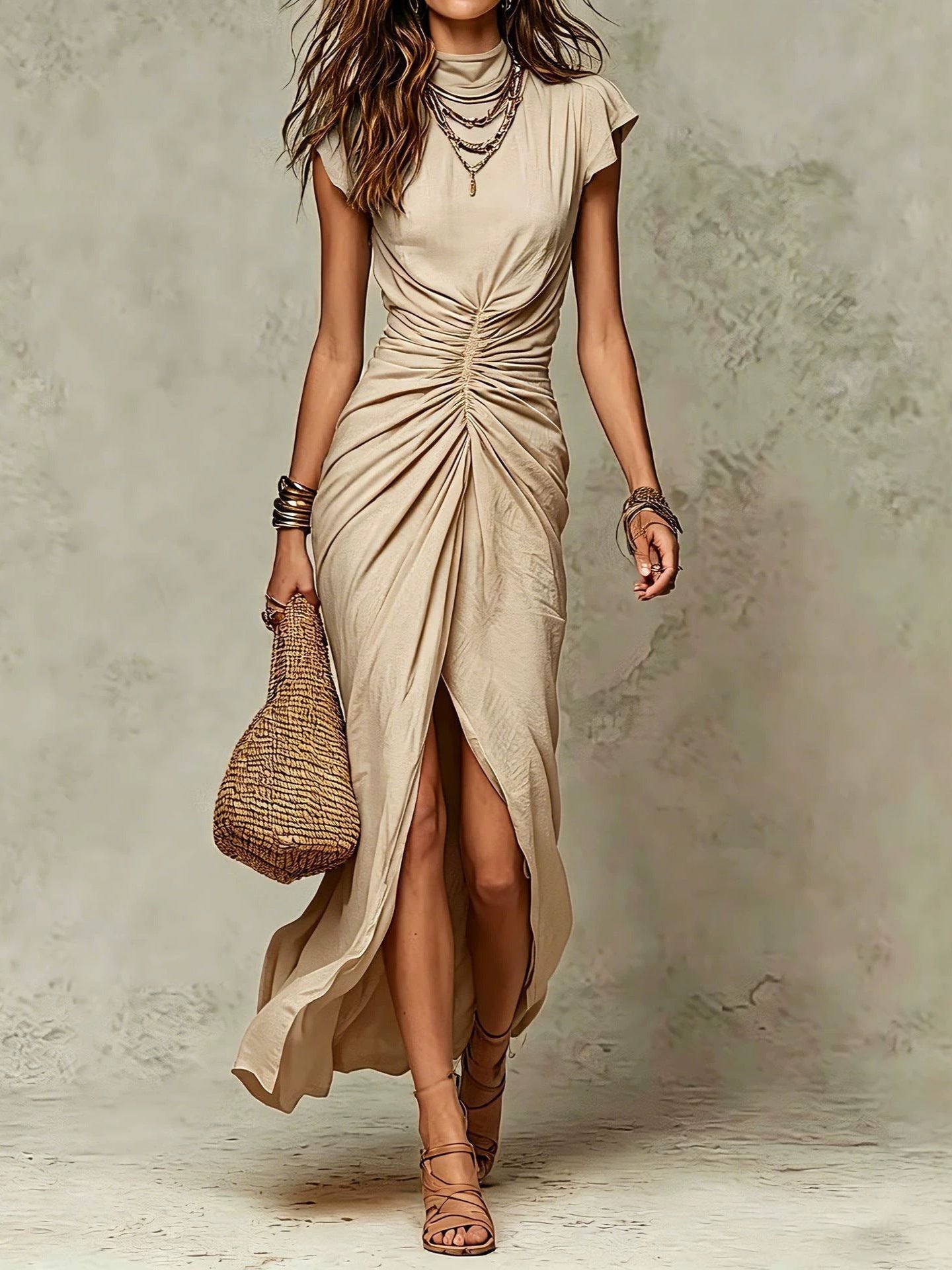 High‑Neck Cap Sleeve Ruched Front Slit Maxi Dress