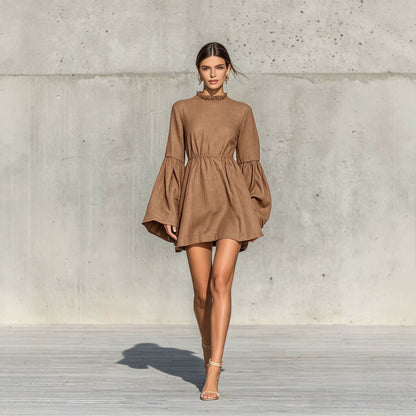 Ruffled High‑Neck Bell‑Sleeve Elastic Waist Mini Dress