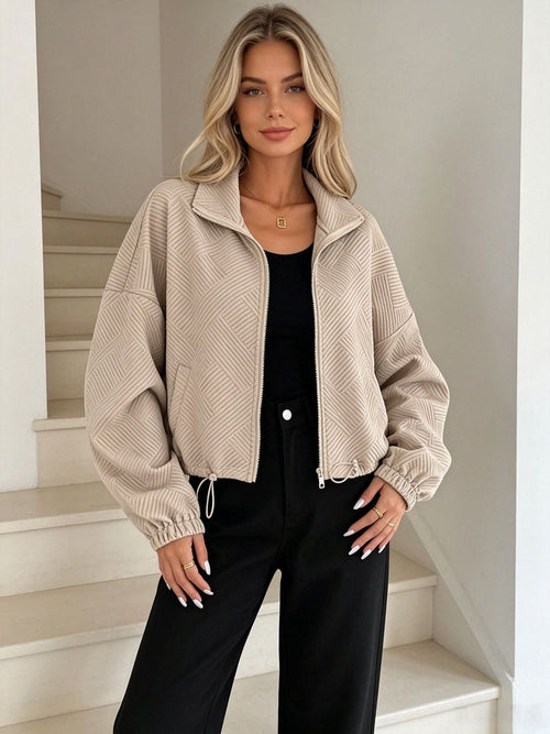 Women’s Solid Beige Geometric Textured Zip‑Up Drawstring Cropped Jacket - Khaki / S
