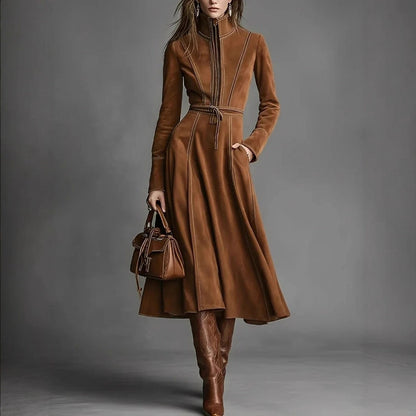 Women's Solid Brown Suede Zip‑Front Belted Long‑Sleeve Midi Dress