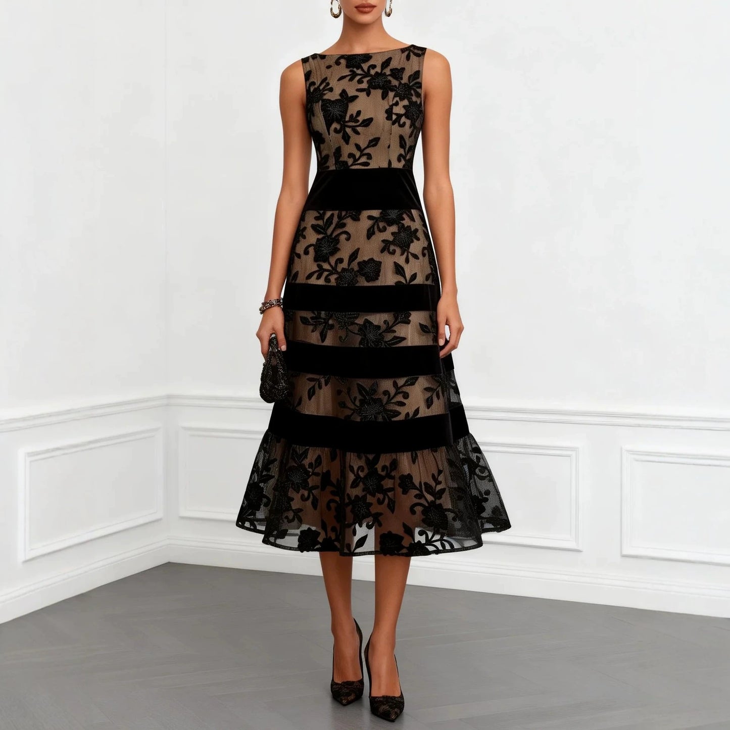 Nude Mesh Black Floral Lace Velvet Strip Sleeveless Midi Dress