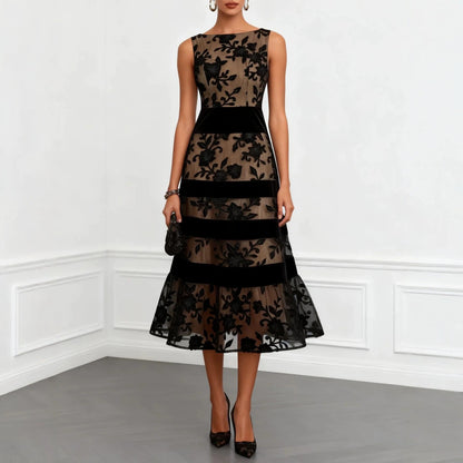 Nude Mesh Black Floral Lace Velvet Strip Sleeveless Midi Dress