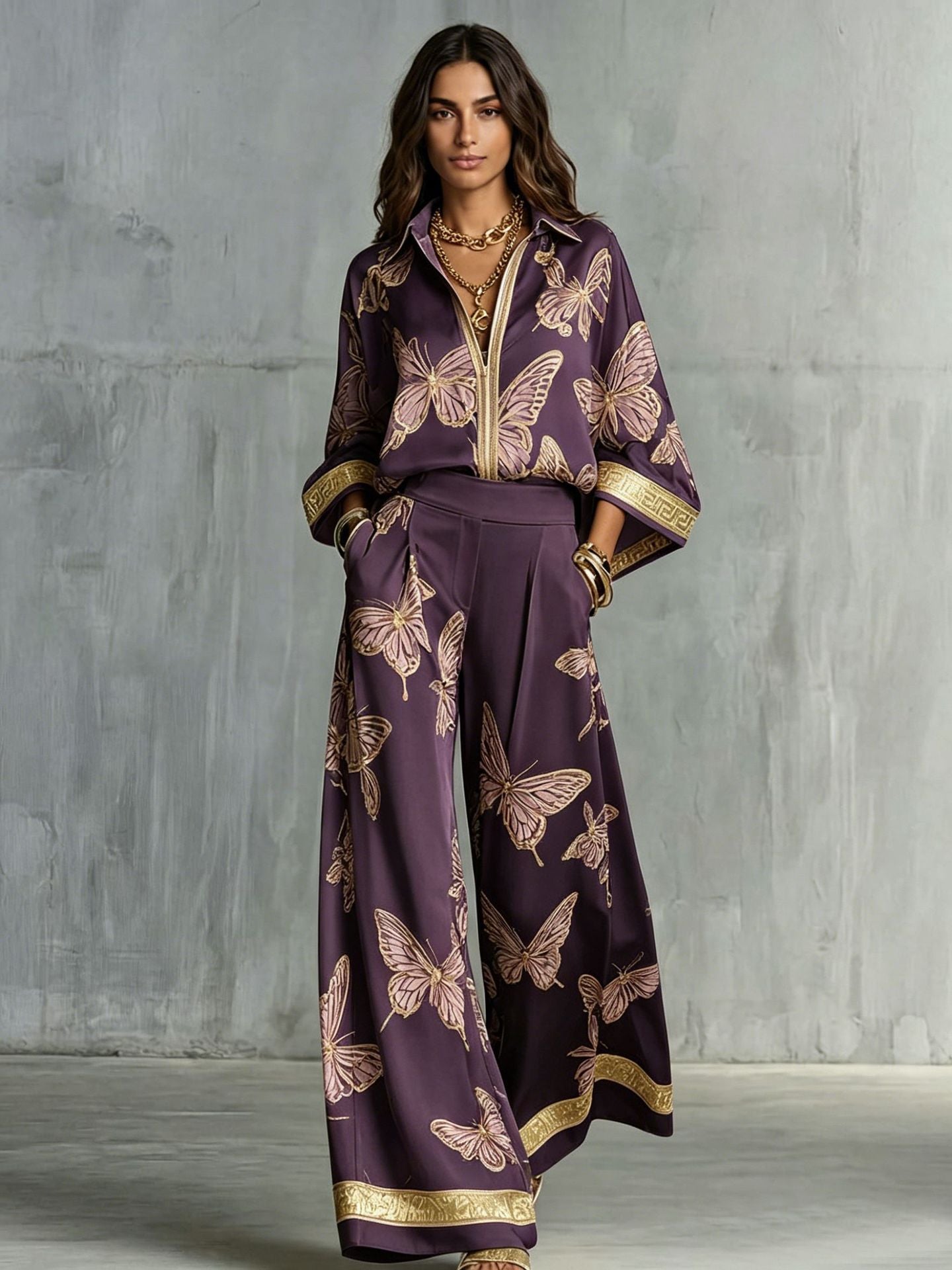 Butterfly Print Zip‑Front Blouse & Wide‑Leg Pant Two‑Piece Set