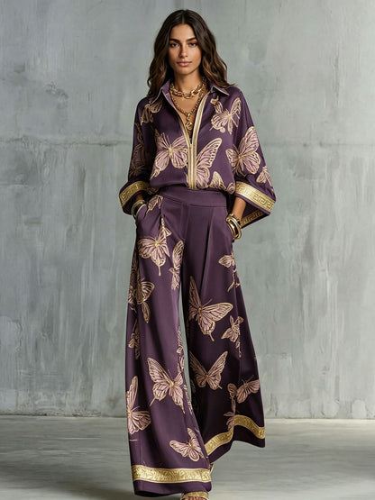Butterfly Print Zip‑Front Blouse & Wide‑Leg Pant Two‑Piece Set