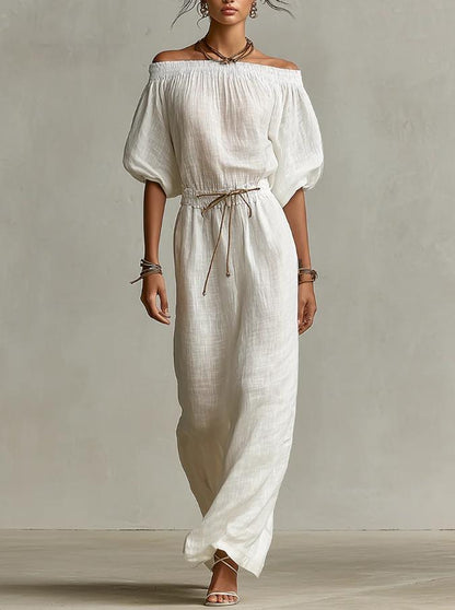 Off‑The‑Shoulder Linen‑Blend Maxi Dress