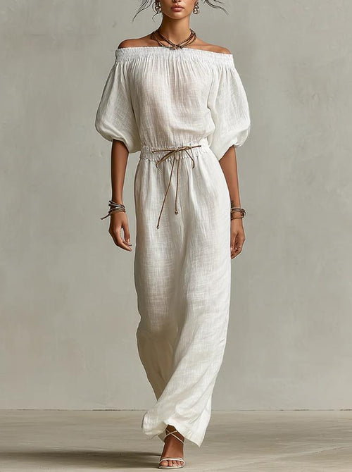 Off‑The‑Shoulder Linen‑Blend Maxi Dress
