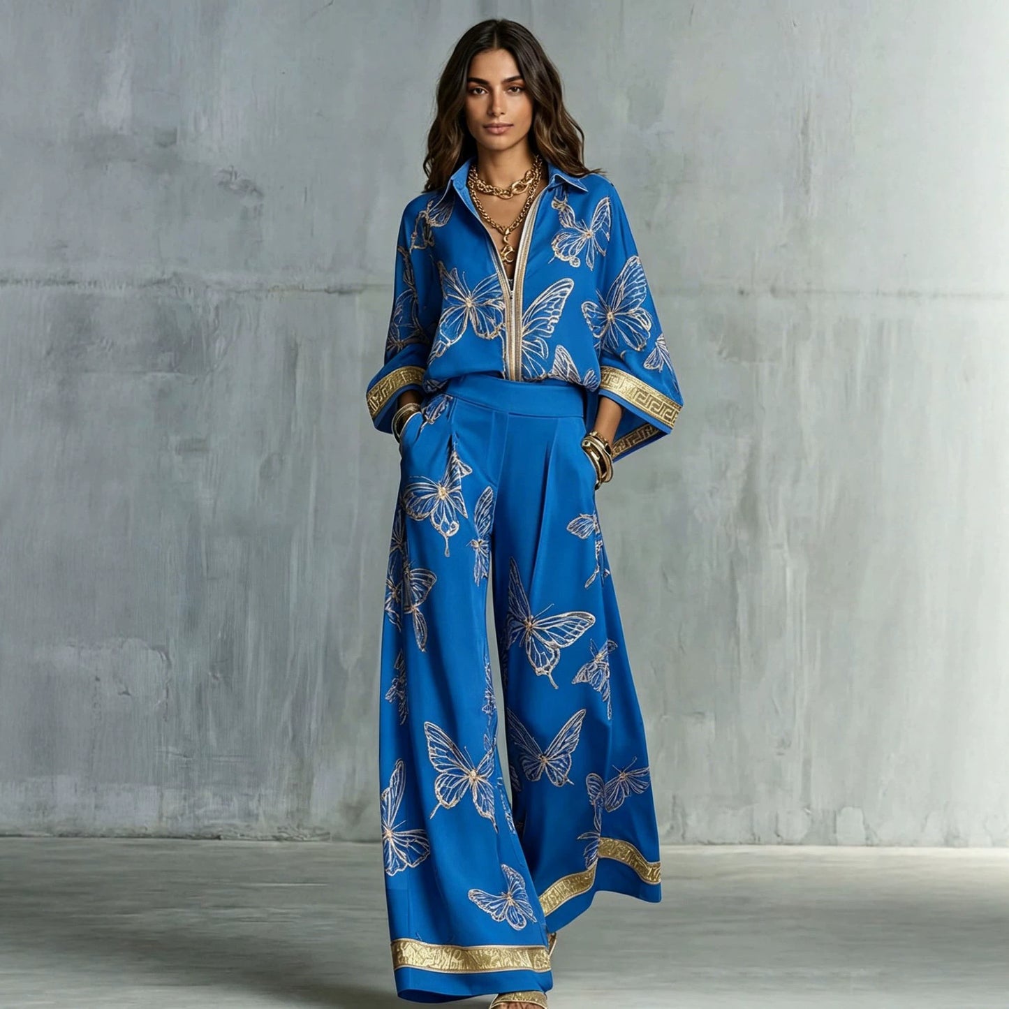 Butterfly Print Zip‑Front Blouse & Wide‑Leg Pant Two‑Piece Set
