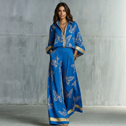 Butterfly Print Zip‑Front Blouse & Wide‑Leg Pant Two‑Piece Set