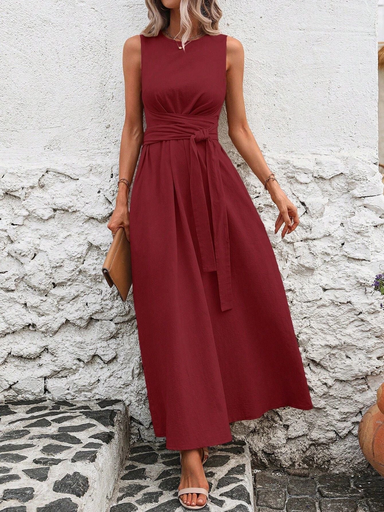 Sleeveless Wrap‑Tie Waist Maxi Dress