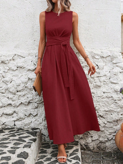 Sleeveless Wrap‑Tie Waist Maxi Dress