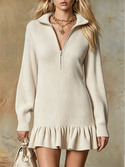 Half‑Zip Collared Ribbed Knit Ruffle Hem Sweater Dress