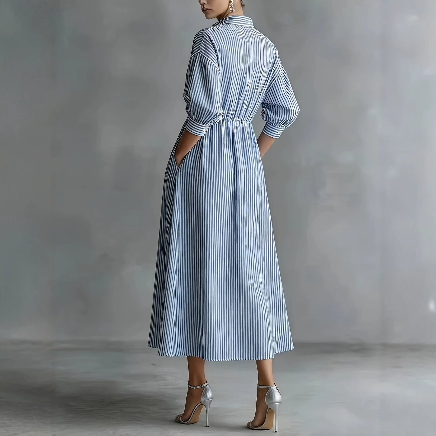 Blue‑White Stripe Ruffle Trim Shirt Midi Dress