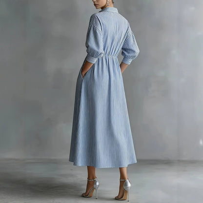 Blue‑White Stripe Ruffle Trim Shirt Midi Dress