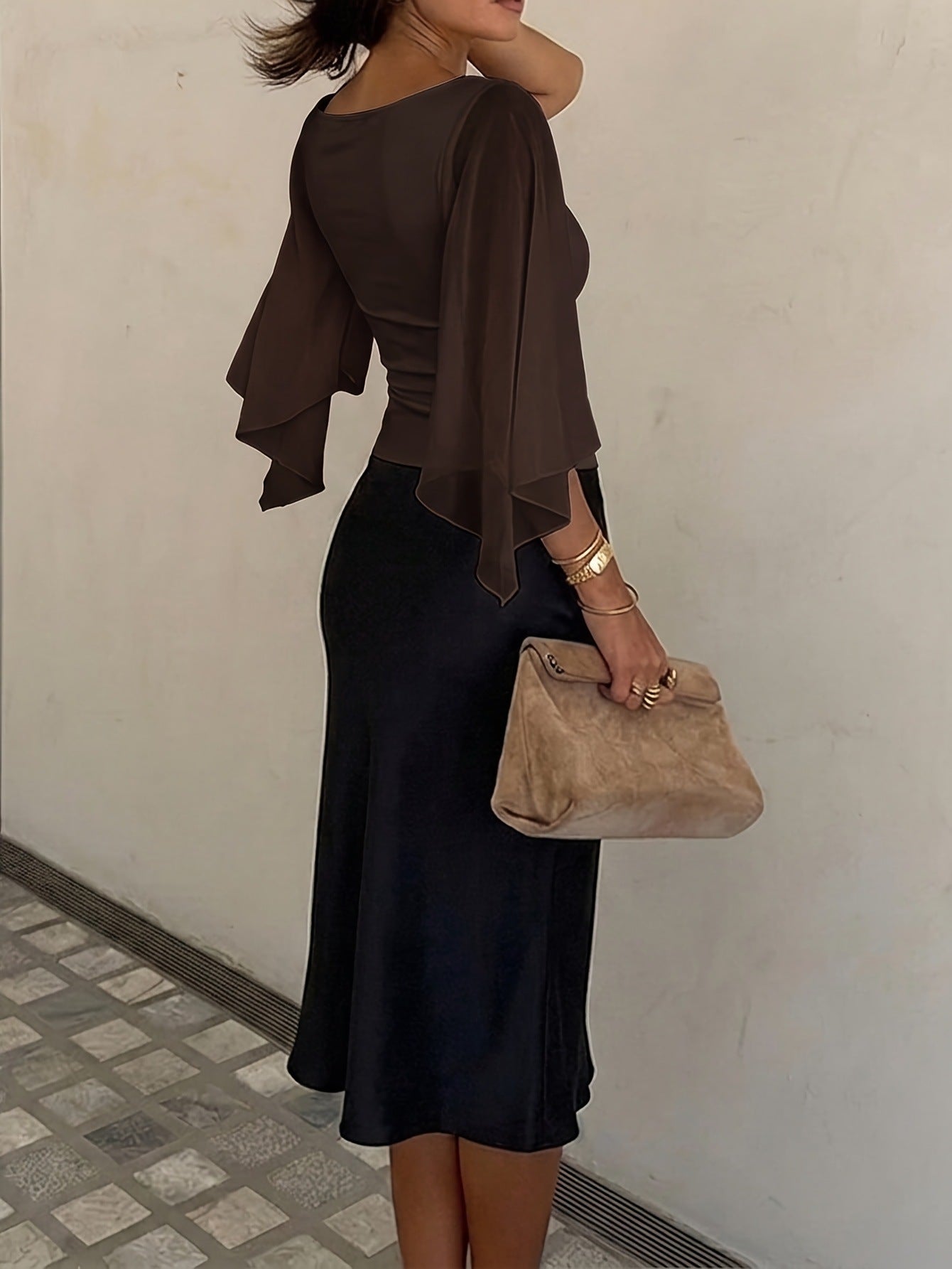 Cape-Sleeve Ruched V-Neck Top