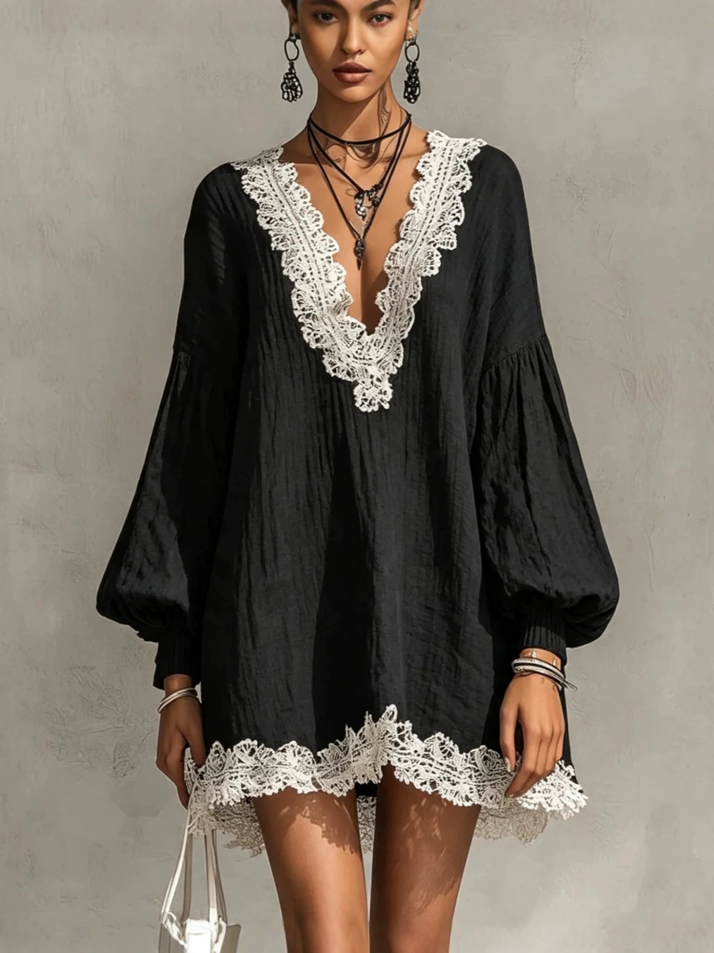 Black Contrast Lace Trim Crinkled Tunic Mini Dress