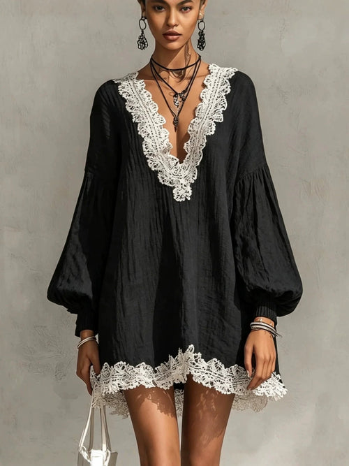Black Contrast Lace Trim Crinkled Tunic Mini Dress
