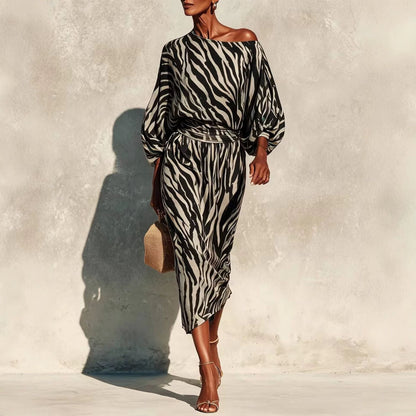 One Shoulder Balloon Sleeve Abstract Print Wrap Midi Dress