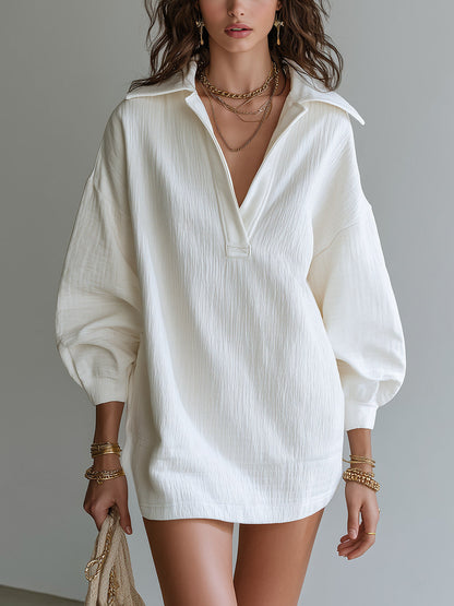 Crinkle Textured Collar V‑Neck Tunic Dress Women Loose Long Sleeve Casual Mini Dress