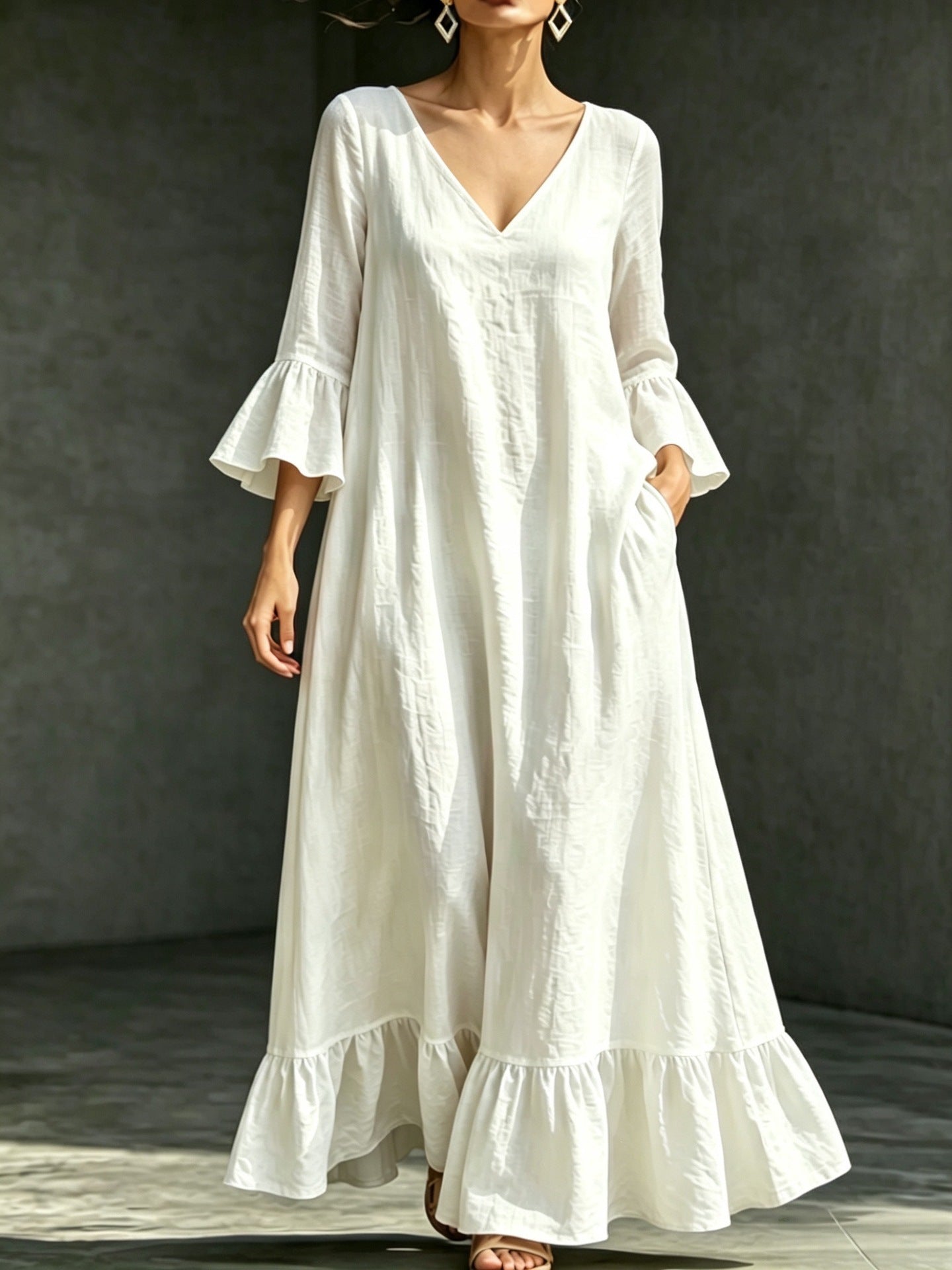 V‑Neck Ruffle Flare Sleeve Linen‑Blend Maxi Dress