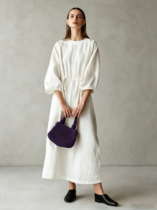 Women's Cream Textured Cotton-Blend Maxi Gown With Drop Shoulder Lantern Sleeves & Self Tie Waist Detail, Modern Effortless-Chic Everyday Maxi Dress