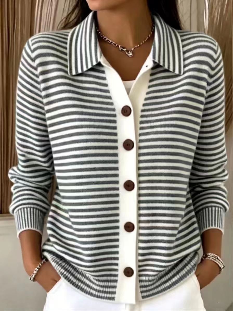 Women's Green‑White Stripe Collared Button Front Knit Cardigan