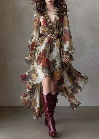 Vintage Rose Print Chiffon Maxi Dress Women Ruffle V‑Neck Long Sleeve Irregular Hem Dress