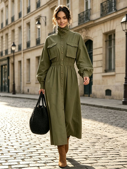 Women's Solid Beige Stand Collar Pocket Elastic Waist Long Sleeve Shirt Midi Dress