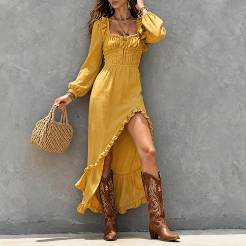 Square‑Neck Smocked Ruffle High‑Slit Maxi Dress