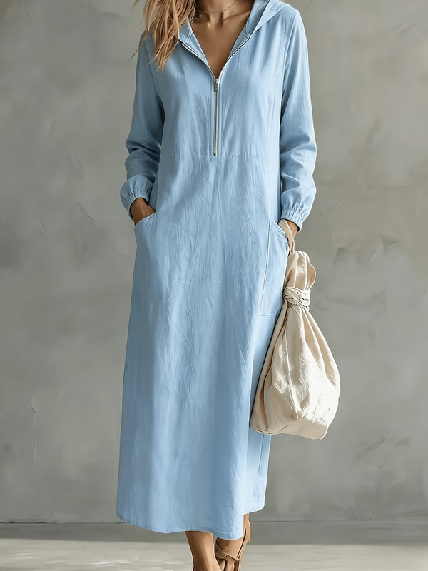 Hooded Zip-Neck Midi Dress
