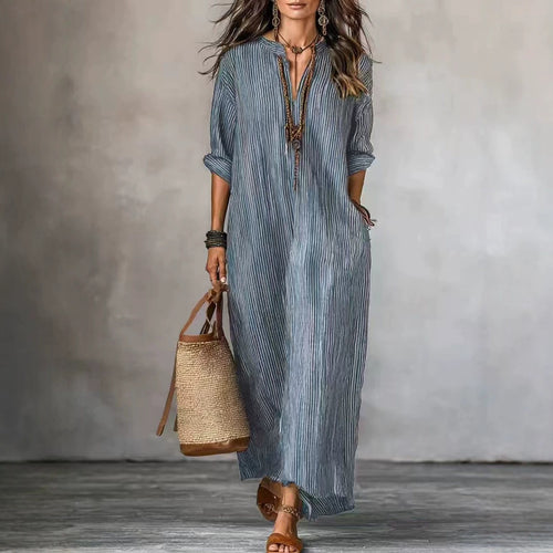 Textured Crinkled V Neck Half Sleeve Loose Maxi Dress